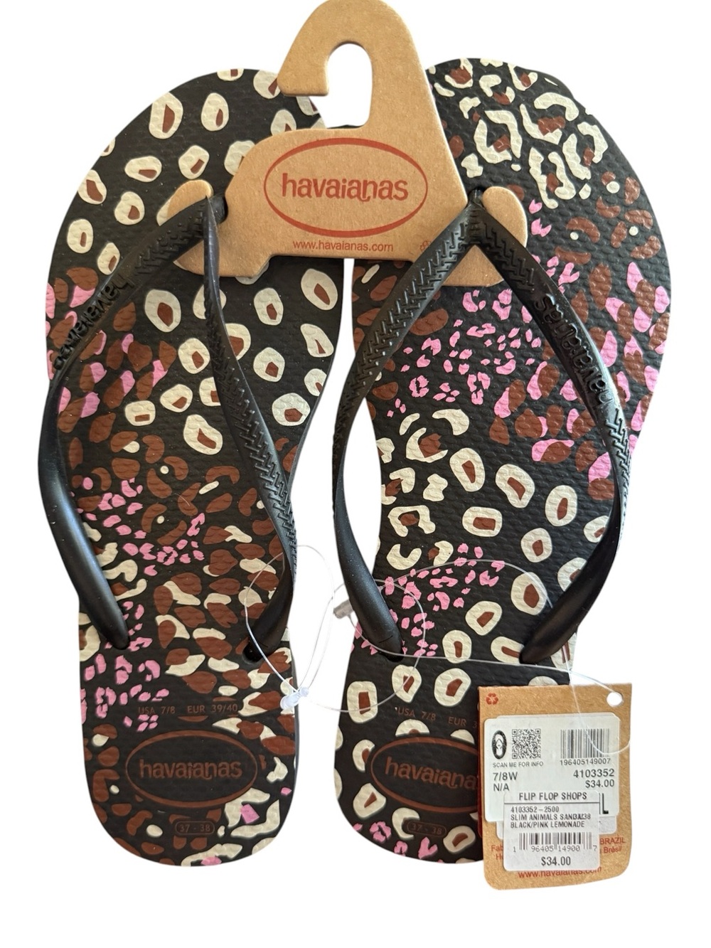 Havaianas Slim Animal Black/Pink/Lemonade Jandals Women’s Size 7/8